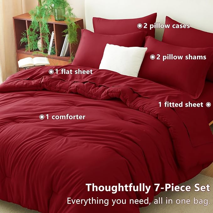 CozyLux King Size Comforter Set Dark Red, 7 Pieces Bed in a Bag | OEKO-TEX Certified, All-Season, Bedroom, 240GSM Down Alternative Comforter, Flat & Fitted Sheets, 2 Pillowcases & 2 Shams