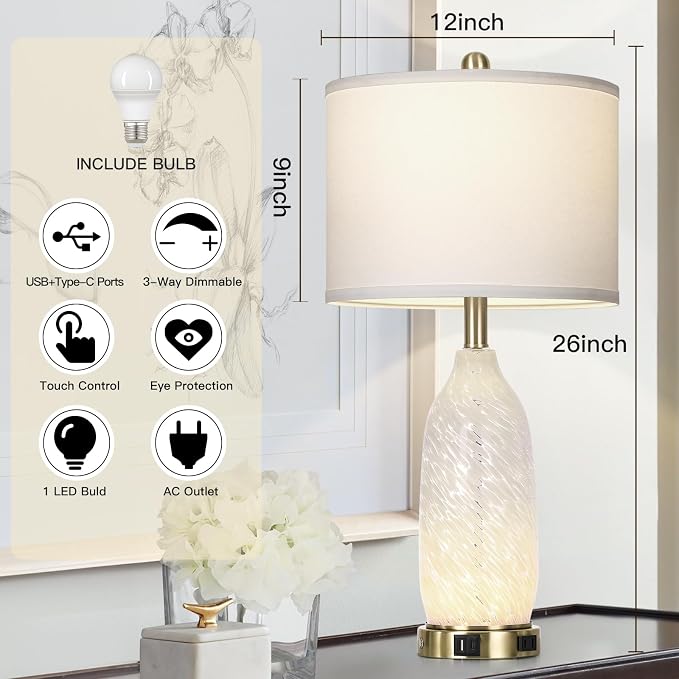 Rinweey 26" Modern Clear Glass Table Lamp Nightstand Lamp with USB A+C Ports & AC Outlet,Bedside Lamps with 3-Way Dimmable Touch Control Night Light for Bedroom Living Room,Single White