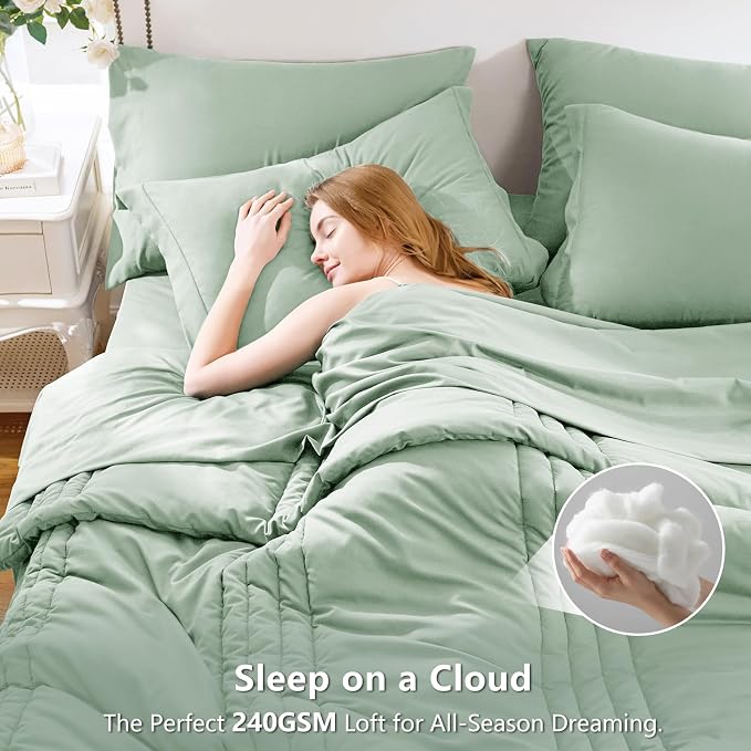 King Size Comforter Set Sage Green- 7 Pieces Bed in a Bag | OEKO-TEX Certified, 240GSM Down-Alternative Comforter, 14" Deep-Pocket Sheets, Shams & Pillowcases, Lightweight