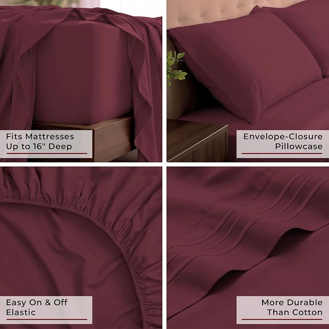 Mellanni Iconic 4-Piece, Ultra Soft Sheet Set (King, Burgundy) | 10M+ Sleepers. Lab-tested: Sleeps Cool, Stays Bright, Strong, Smooth. Good Housekeeping Best Bedding, 7 yrs running.