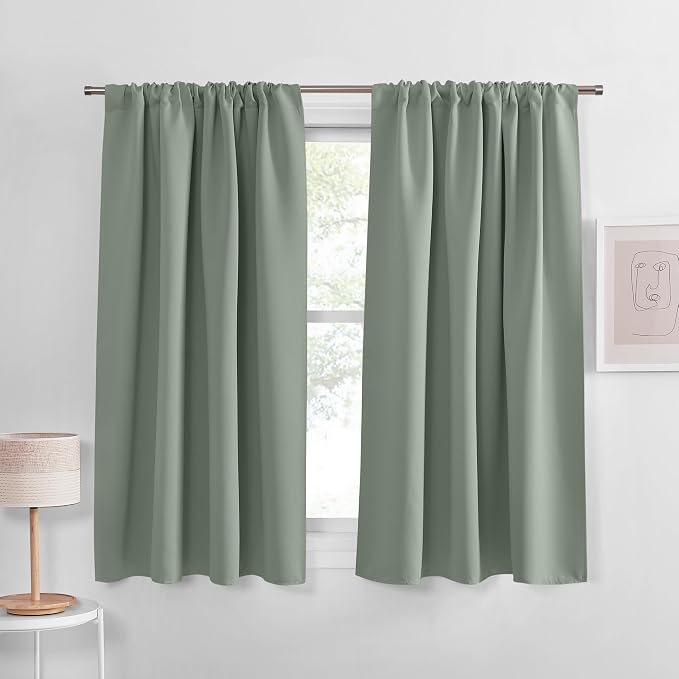 PONY DANCE Sage Green Blackout Kitchen Curtains 45 inch Long, Thermal Insulated Short Curtains for Bedroom, Rod Pocket Room Darkening Window Drapes for Bathroom, 42 x 45 inch Length, 2 Panels