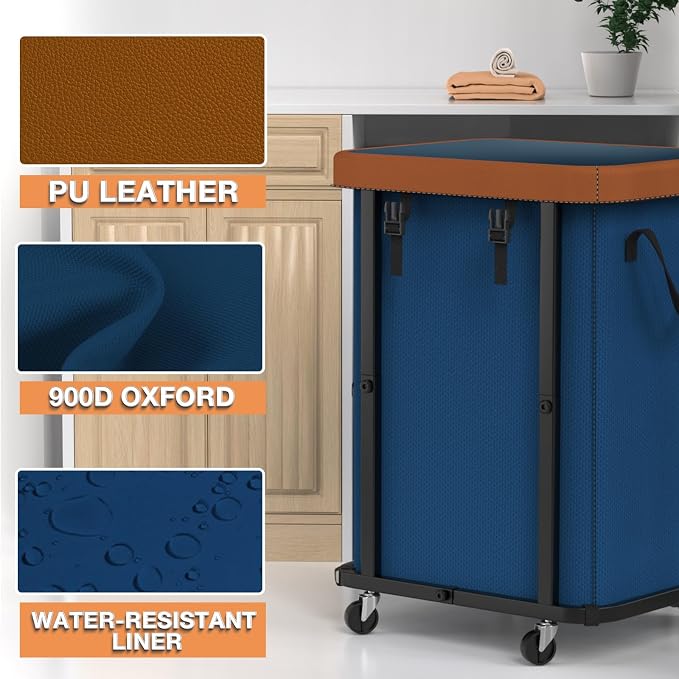 Laundry Basket with Wheels,150L (40 Gal) Rolling Hamper Carts - Navy Blue | Leather Patchwork Laundry Hamper,Sturdy Metal Frame, Removable Washable Bag, Tall Clothes Sorter for Bedroom, Laundry Room