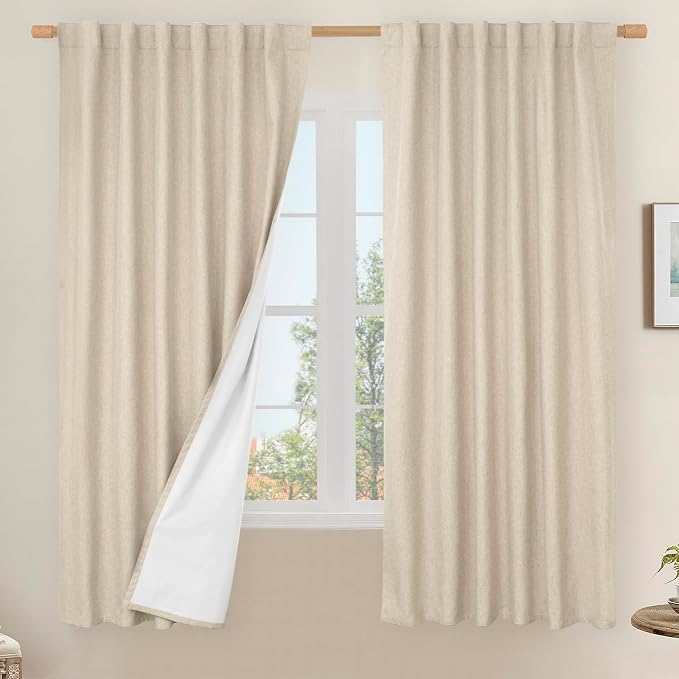 100% Blackout Natural Linen Curtains 68 Inches with White Liner | Room Darkening Bedroom Curtains, Farmhouse, Thermal Insulated, Rod Pocket Back Tab Drapes, 2 Panels, 52 x 68 Inch, Linen