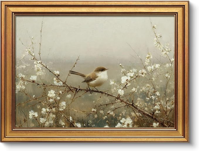 VIYYIEA Vintage Gold Framed Wall Art for Living Room, Sparrow Canvas Prints Home Decor, Spring Painting Picture, Bedroom Wall Decor Gifts for Friends or Family -【Sparrow on Branches】-(16L x 12W)