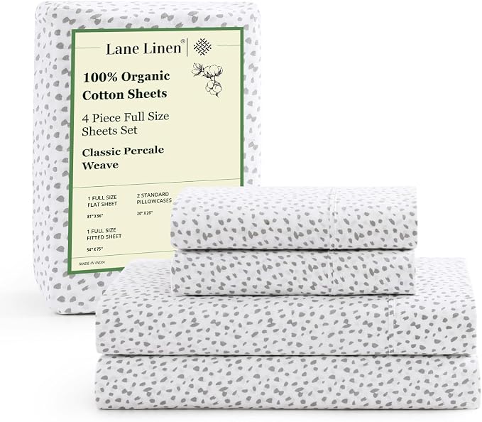 100% Organic Cotton White (Grey Dot) Full-Sheets Set, 4-Piece Long Staple Percale Weave Ultra Soft Best Bedding Sheets for Bed, Breathable, GOTS Certified, Fits Mattress Upto 15inch Deep