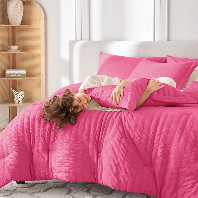 7 Pieces King Comforter Set, Seersucker Bed in a Bag King Size, All Season Luxury Bedding Set with Comforter, Flat Sheet, Fitted Sheet, Pillowcases & Shams, Hot Pink
