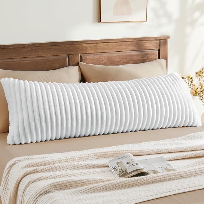BEDELITE Fluffy Striped Body Pillow Cover with Zipper, Bright White, 20x54 | Ultra-soft Faux Fur with 14D Striped Texture, Comfy, Plush, and Cloud-like, Body Pillow Pillowcase for Bed Couch Room Decor