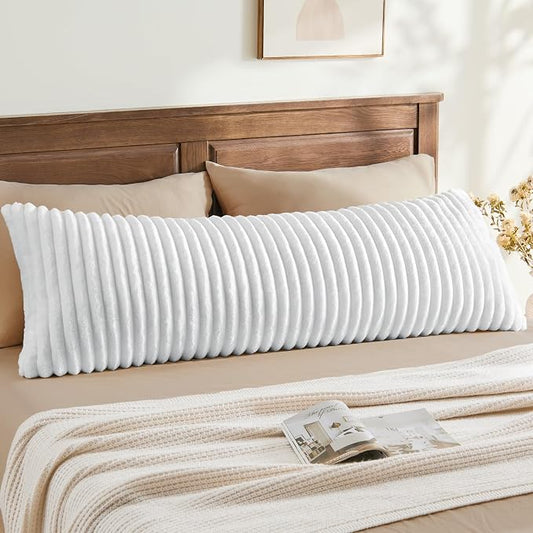 BEDELITE Fluffy Striped Body Pillow Cover with Zipper, Bright White, 20x54 | Ultra-soft Faux Fur with 14D Striped Texture, Comfy, Plush, and Cloud-like, Body Pillow Pillowcase for Bed Couch Room Decor