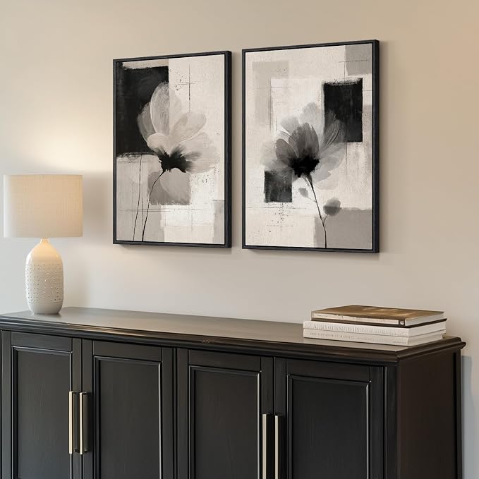 Framed Neutral Abstract Floral Wall Art Decor for Bedroom Set of 2, 16x24 | Flower, Canvas prints, Modern paintings, Black beige, Minimalist pictures, Wood frame, Living room, Dining room wall decor