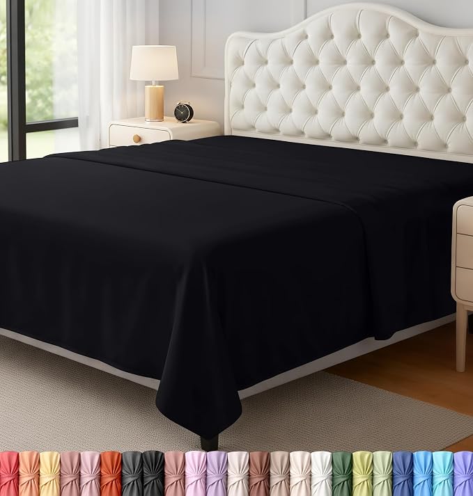 Queen Size Flat Sheet Only, Ultra Soft & Breathable Hotel Sheets, Black | Hotel Bedding, Cooling Comfort, Smooth Feel, Wrinkle & Fade Resistant, Easy Care, Long-Lasting, Machine Washable, OEKO-TEX