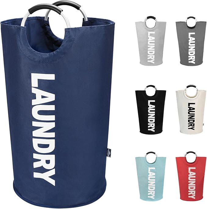 DOKEHOM 125L X-Large Laundry Basket Bag, Collapsible Tall Hamper, Dark Blue | Freestanding tall washing bin & foldable laundry bag. Extra large clothes storage basket with durable sturdy handles