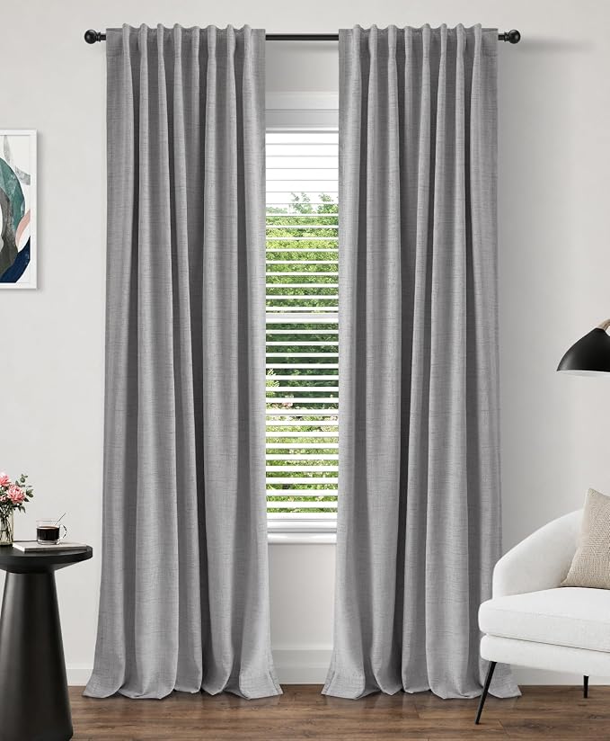 INOVADAY 100% Blackout Linen Curtains for Bedroom 50x63 Inches Grey | Linen Textured, Light Blocking, Room Darkening, Thermal Insulated, Back Tab Top, Window Curtains for Living Room, 2 Panels