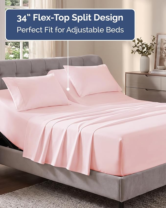 Flex Top Split Head King Sheet Set - 4 Piece Extra Deep - Lavender Pink | Easily Fits 18 to 24 inch Mattress, Ultra Soft, Wrinkle & Fade Free with Extra Deep Pockets, Comfy Hotel Luxury Bedding