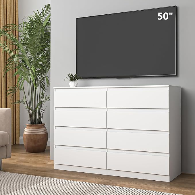Vibe & Dine 8 Drawer Double Dresser, Modern Chest of Drawers with Wide Storage for Closet, Bedroom, Living Room, White