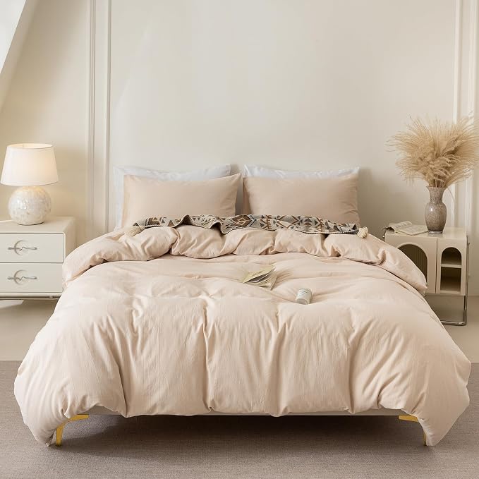 BDEAR 3Pcs Beige Duvet Cover Set King Size 104" W x 90" L, Skin Friendly | 100% Washed Cotton, 1 Duvet Cover with 2 Pillowcases, Zipper Closure, OEKO TEX Standard,8 Corner Ties,Linen-Liked Texture