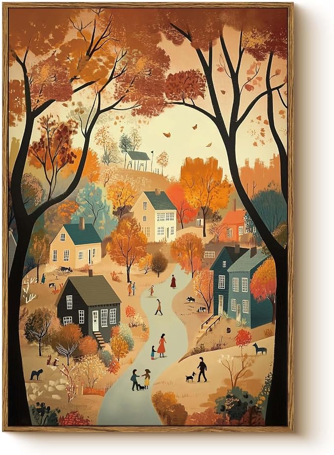 WHASAYART Autumn Cozy Village Landscape Scene 16x24 Framed Canvas Print, Rustic Fall Country Trees Wall Art with Warm Colors, Thanksgiving House Office Entryway Seasonal Decor