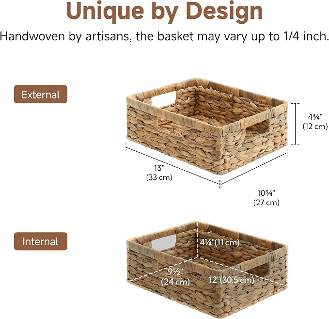 StorageWorks Water Hyacinth Pantry Baskets for Organizing, Natural, 1-Pack | Wicker Storage Baskets for Organizing, Pantry Baskets for Organizing, Woven Baskets, 13 inch Basket, 13"L x 10¼"W x 4 ¾"H