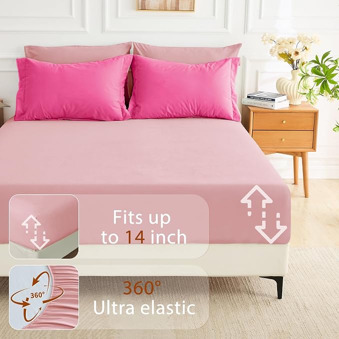 7 Pieces King Comforter Set, Soft Bed in a Bag King Size, All Season Bedding Set with Comforter, Flat Sheet, Fitted Sheet, Pillowcases & Shams, Hot Pink & Baby Pink