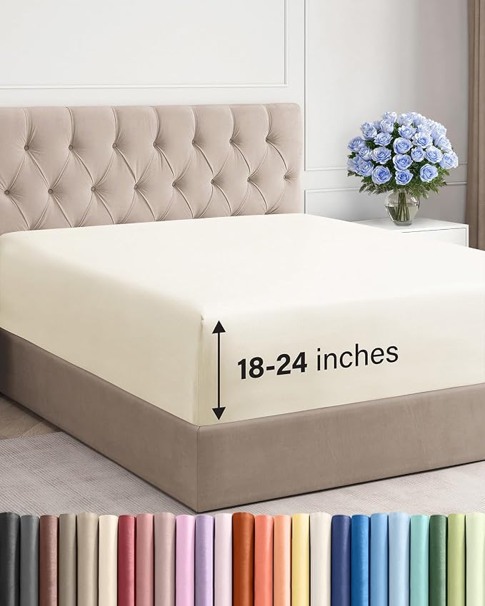 Extra Deep King Fitted Sheet - Single Fitted Sheet Only - Off White | Easily Fits 18 inch to 24 inch Mattress, Soft, Wrinkle Free, Breathable & Comfy, Extra Deep Pockets Hotel Luxury Fitted Sheet