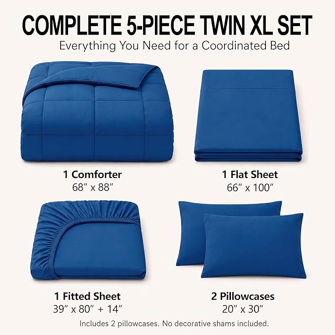 Twin XL Comforter Set Classic Blue - 5 Pieces Twin XL Bed in a Bag | College Dorm Essentials, OEKO-TEX Certified, All Season, Down-Alternative Comforter + Flat & Fitted Sheets + 2 Pillowcases