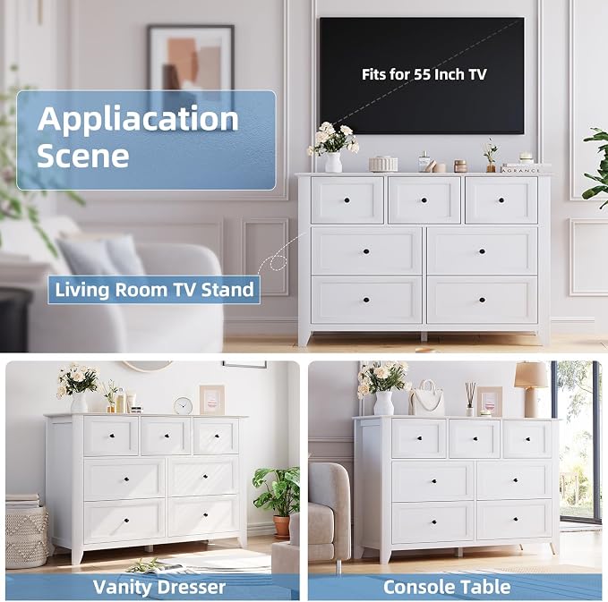 Garvee White 7-Drawer Dresser for Bedroom, 54" Entryway Storage Organizer | Modern Lacquered Chest of Drawers for Bedroom, 15.8"D x 54"W x 31.5"H, MDF