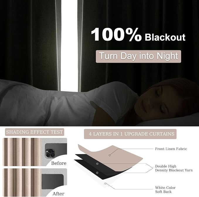 Topfinel Black Out Living Room Boho Curtains 78 Inch Long 2 Panels Set Room Darkening Insulated Thick Linen Textured Curtain Drapes Cabin Bay Window Treatments with Back Tab Natural Beige