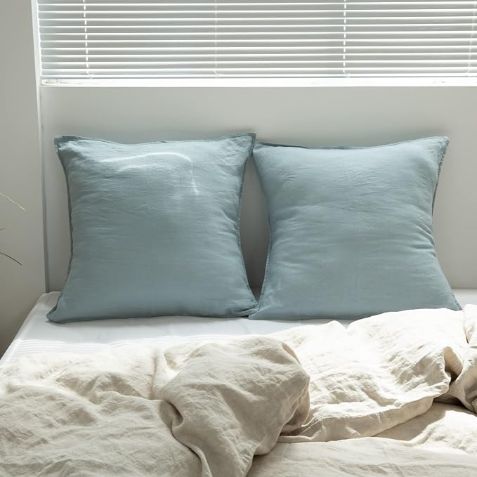 Simple&Opulence 100% Washed Linen Euro Shams 26'' x 26'' Pack of 2, Basic Style Solid Color Natural Flax Farmhouse Decorative Square Throw Pillow Covers for Bed Couch Sofa - Dusty Blue