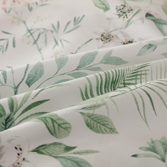 OAITE Queen Duvet Cover Set 3pcs 100% Cotton with Green Botanical Floral | Soft, Breathable,Long-lasting,Comfort,Hidden Zipper,8 Corner Ties,Easy Care for All Season