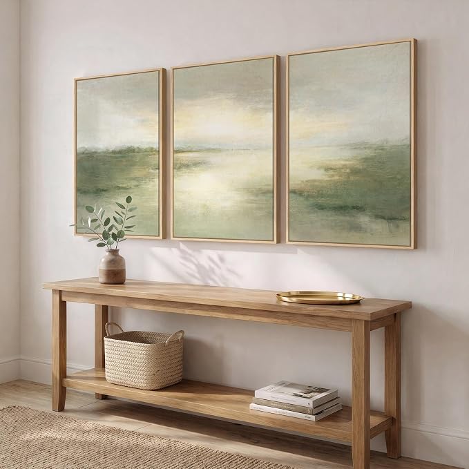 Large Framed Sage Green Landscape Abstract Wall Art, Set of 3 Each 20x30 In | Green nature painting, Canvas prints, Wood frame, Lake picture, Modern rustic artwork, Wall decor for living room dining room