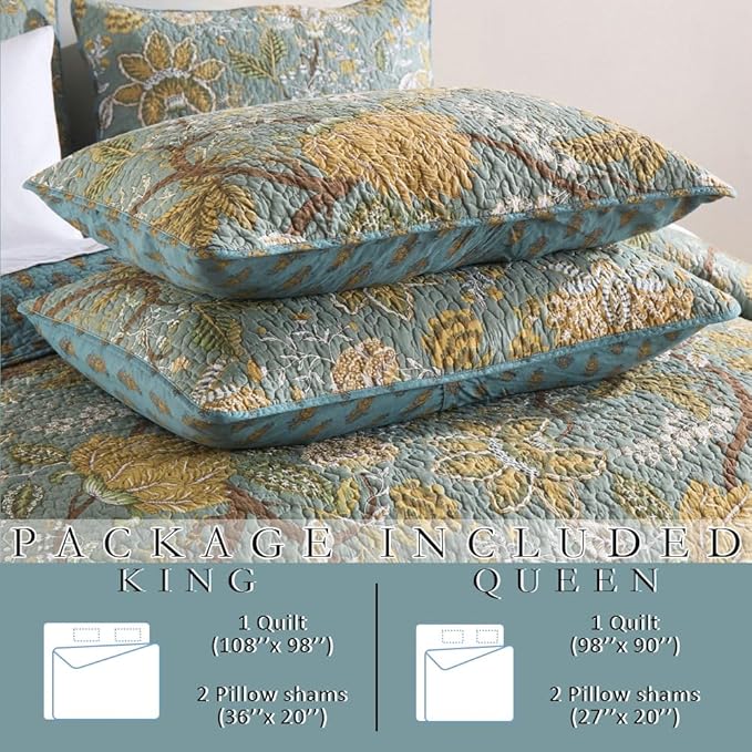 Wistown Cotton Bedspread Bedding Coverlet Quilt Sets, Reversible Vintage Branch Floral Bedspread comforters, (Rustic Sage Green Floral Pattern, Queen Size)