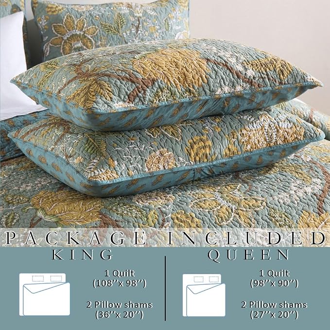 Wistown Cotton Bedspread Bedding Coverlet Quilt Sets, Reversible Vintage Branch Floral Bedspread comforters, (Rustic Sage Green Floral Pattern, King Size)