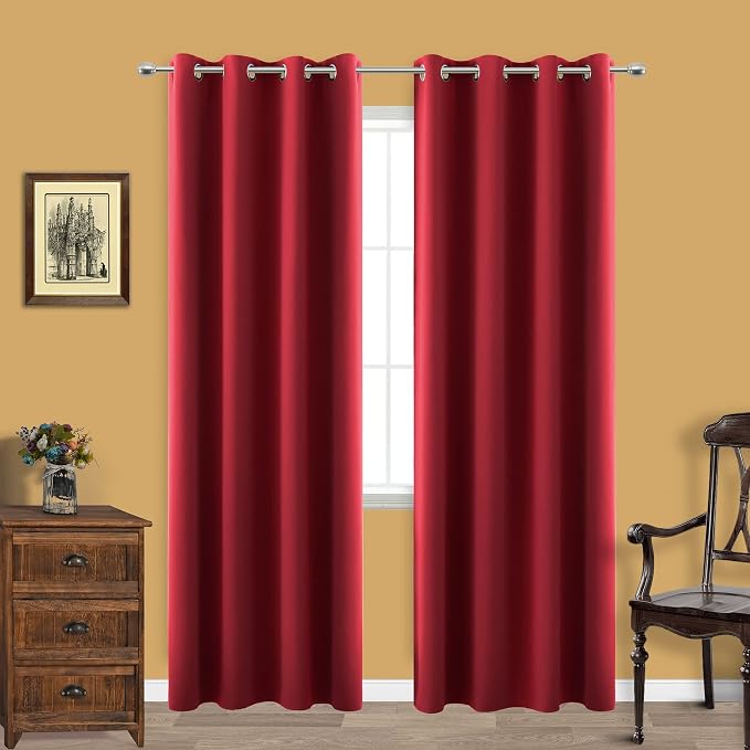 KOUFALL Red Curtains 2 Panels 90 Inches Long for Living Room,Elegant Vintage Farmhouse Thermal Insulated Blackout Drapes for Bedroom,Cortinas De Navidad Navideñas Rojas para Sala