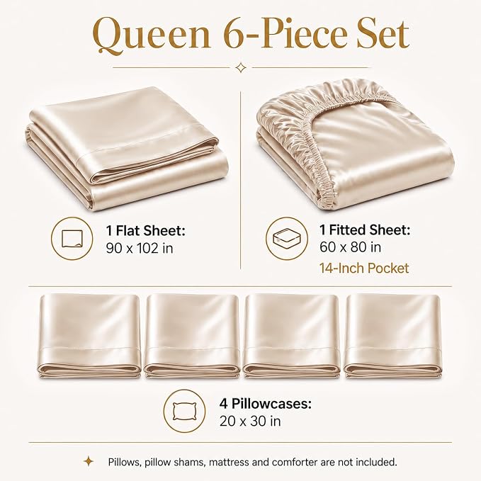 CozyLux Satin Sheets Queen, 6-Piece 14-Inch Deep Pocket Sheet Set | OEKO-TEX Certified Silky Soft Sheet Set for Hair & Skin, Luxurious Silky-Smooth Satin for Elegant Bedroom Decor, Champagne