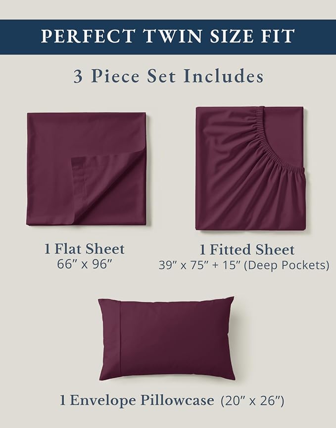 LANE LINEN Twin Sheets 100% Organic Cotton Soft 3pc Percale - Windsor Wine | Twin Sheet Set, Organic Cotton Percale - Best-Value Affordable Luxury, Honest-Price