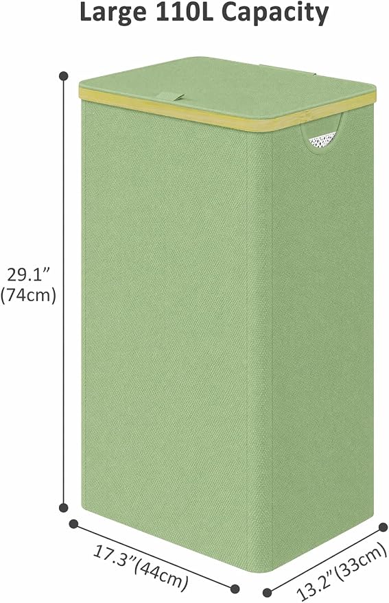 IEGrow Laundry Hamper with Lid,110L Laundry Basket with Mesh Bags,Green | Dirty Clothes Hamper Basket with Bamboo Handle for Clothes Towels