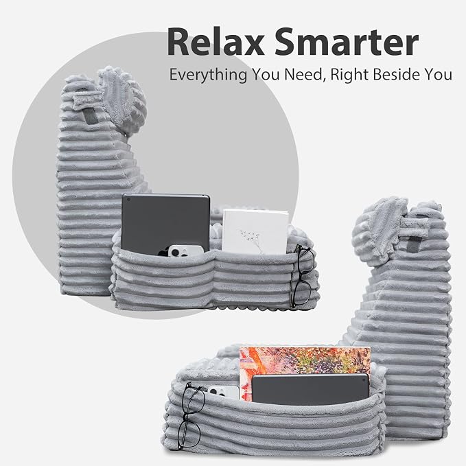 ENITYA 22" XL Back Pillow for Bed Sitting Up with Armrests & Big Pockets | High Density Foam Filling,Washable Cover,Bed Pillow for Sitting Up/Resting/Post Surgery/Watching TV/Gaming,Light Grey