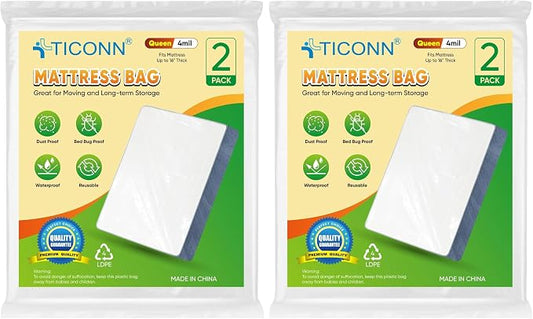 TICONN 2PK Plastic Mattress Bag for Moving Storage, Waterproof Mattress Protector Cover, Heavy-Duty Mattress Moving Supplies (4 mil, Queen) (Pack of 2)