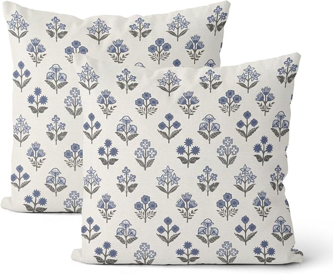Blue Grey Pillow Covers 18x18 Inch 2 Pcs Gray Block Print Vintage Floral Decor Throw Pillows Boho Flower Spring Summer Outdoor Seasonal Decoration Pillowcase Linen Cushion Cover for Couch Sofa