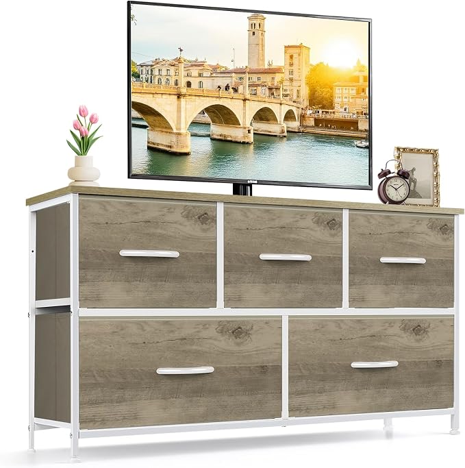 5-Drawer Dresser for Bedroom, Anti-Tip Wide Storage Organizer Fabric | Chest of Drawers TV Stand for 45" TV with Wooden Top and Metal Frame for Closet, Living Room, Hallway, Entryway, Greige Oak