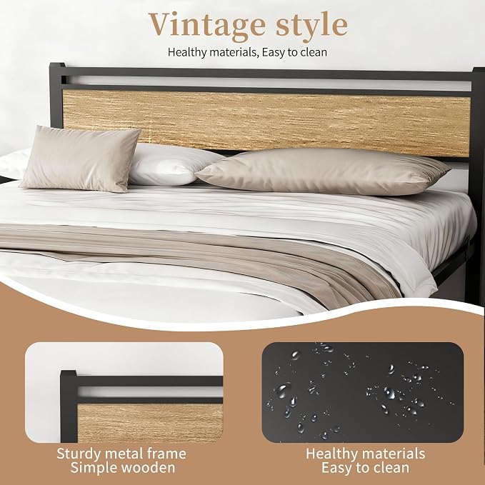 Easy Install 16 Inch Queen Size Bed Frame with Headboard&Footboard | Large Under Bed Storage, No Box Spring Needed, Non-Slip Without Noise, Sturdy Steel Frame, Mattress Foundation, Walnut