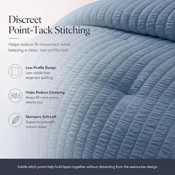 Oversized Queen Seersucker Comforter Set, Grayish Blue, 98 x 98 in | OEKO-TEX Certified, 7 Pieces Bed in a Bag with 240 GSM Down Alternative Comforter, Flat & Fitted Sheets, Pillowcases & Shams