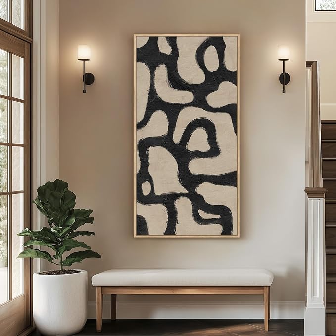 Framed Neutral Modern Abstract Horizontal Wall Art for Living Room, 24x48 | Black and beige, Modern, Minimalist, Large, Canvas artwork, Bedroom wall decor, Hallway wall art, Home office, Ready to hang