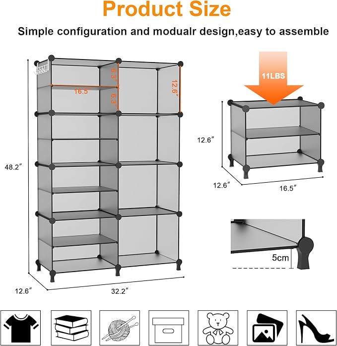 AWTATOS Closet Organizer 8 Cube Storage Shelves, Grey | Closet Organizers, Clothes Storage Shelf, DIY Stackable Plastic Cubby Shelving for Closet Bedroom Living Room Office