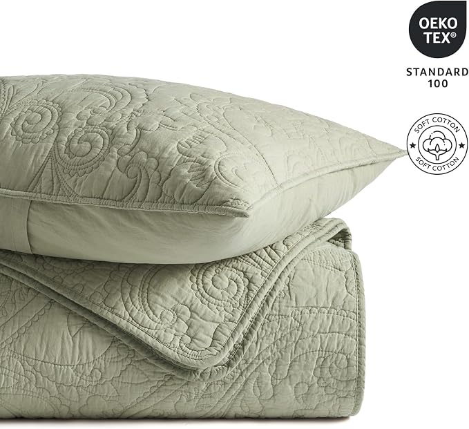 EVERGRACEHOME 100% Cotton Paisley Quilt Set, King Size, Light Sage Green | Prewashed for Softness, Year-Round Breathability, Gift-Ready Box, Matelasse-style Quilted Coverlet, 3 Piece Set with 2 Shams