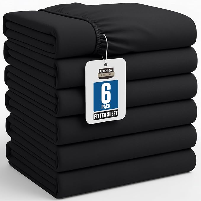 Pack of 6 Queen Fitted Sheet, Fits Up to 16 Inch Deep Pocket, Black | Hotel Comfort, Cooling & Breathable Cotton like Polyester, Easy Fit, Wrinkle & Fade Resistant, Snug Fit, Easy Care, Oeko-Tex