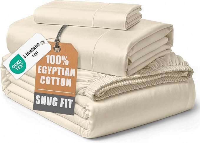 LANE LINEN Twin Sheets Cotton 100% Egyptian Cotton Sateen - Ivory | Sheets Twin Size Bed Set - 3-Piece Set, Ideal For Dorms And Guest Beds, For A Luxurious Night's Sleep, Luxe Sheen