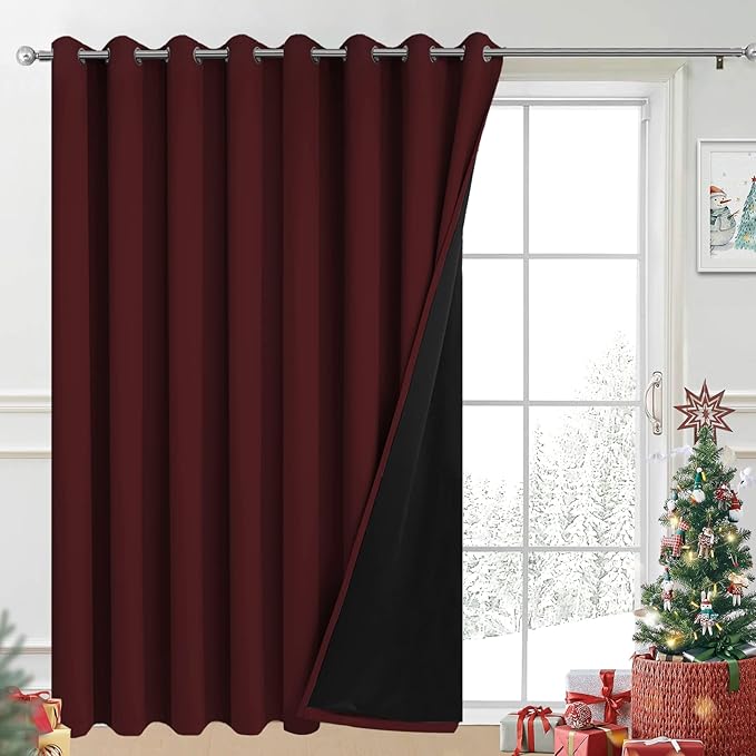 Yakamok Burgundy Red Blackout Patio Door Curtain Panels W100 x L84,1 Panel | Noise Reducing Barrier Panel for Sliding Glass Door, 2 Thick Layers Heat Full Light Blocking Patio Door Drapery