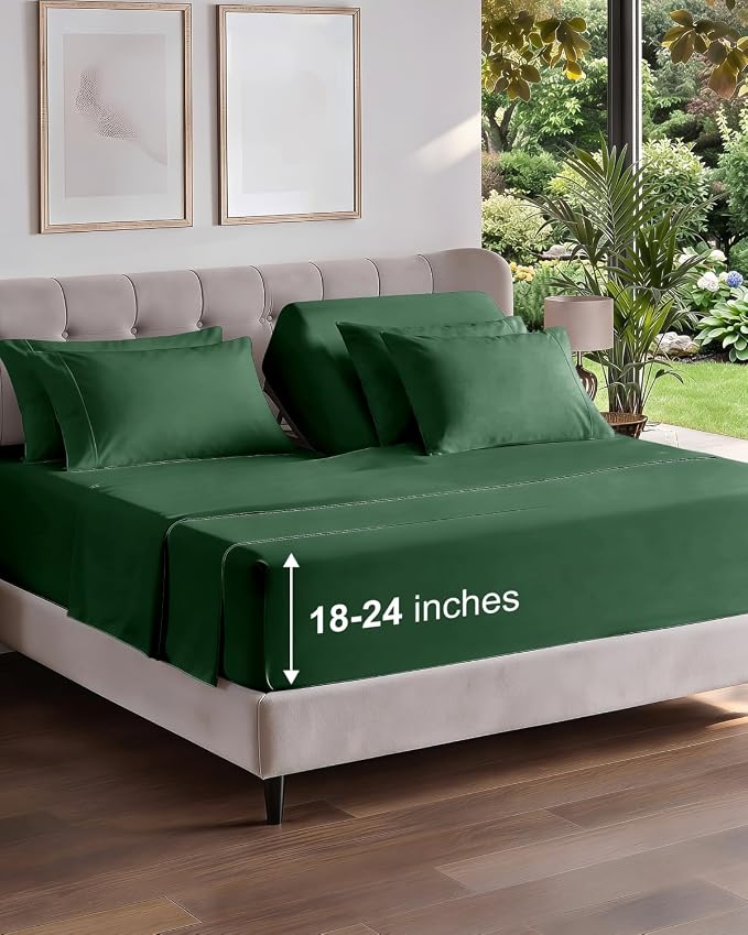 Extra Deep Flex Top Split Head King Sheet Set - 6 Piece Breathable and Cooling Sheets - Hotel Luxury Bedding for Women, Men, Kids & Teens - Easy Secure Fit - Extra Deep Pockets - Emerald Green