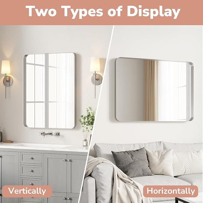 Brushed Nickel Bathroom Mirror 24"x36" | Silver Rectangle Vanity Mirrors for Bathroom Sink, Aluminum Frame, Anti-Rust, Tempered Glass, Horizontal or Vertical
