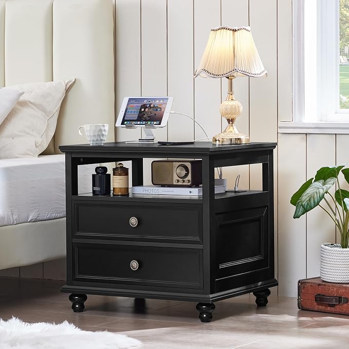 Joaxswe Farmhouse Nightstand with Charging Station, 24" Wide End Table with 2 Drawers, Black Dresser for Bedroom, Bed Side Table Chest of Drawers Cabinet,Wood Night Stand for Living Room, Closet